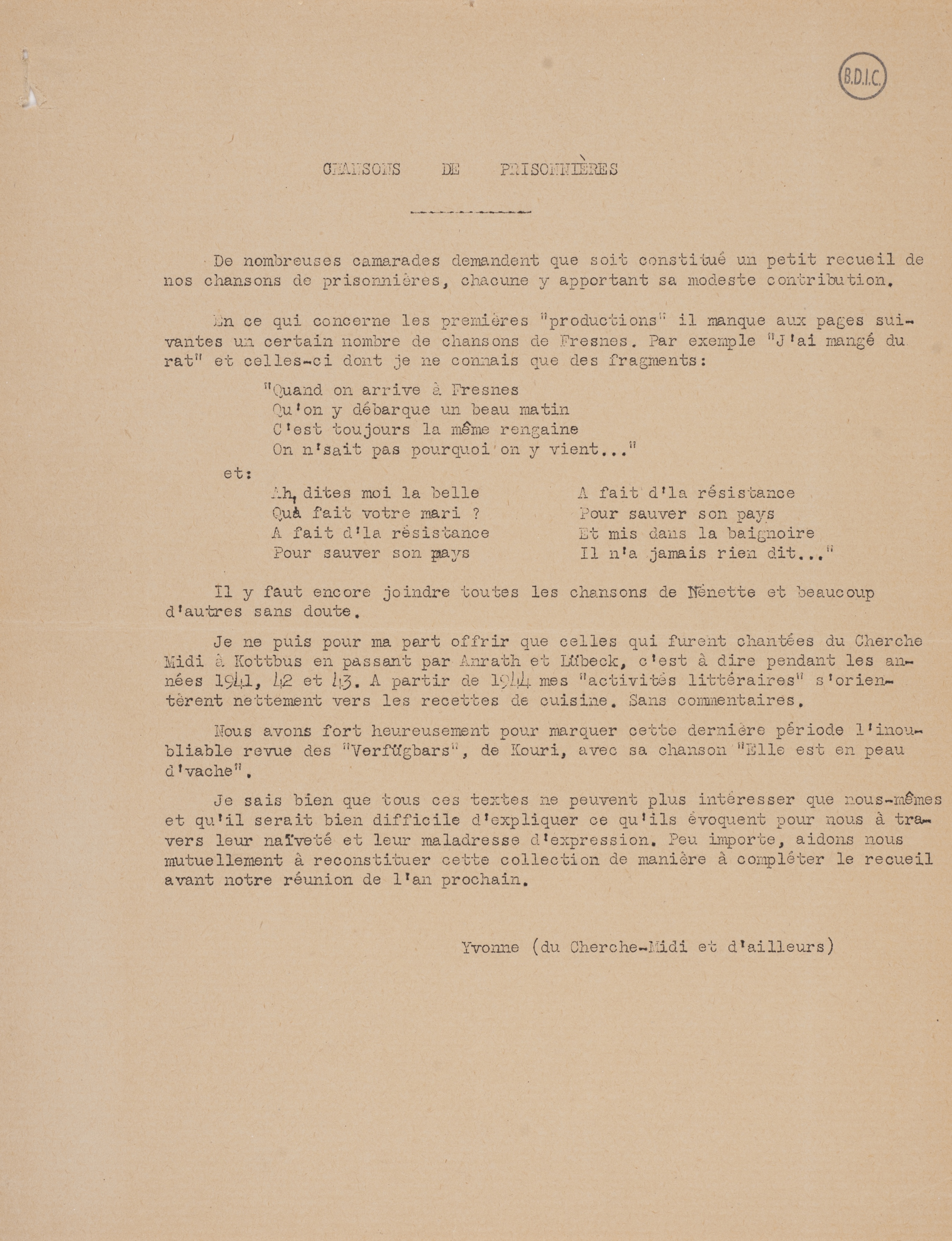 Page titre du recueil d'Yvonne Oddon Chansons de prisonnières